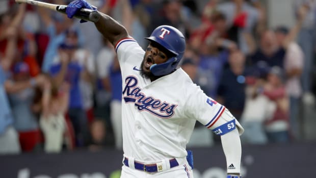Oct 20, 2023; Arlington, Texas, USA; Texas Rangers right fielder Adolis Garcia (53) celebrates after hitting a three-run home run during the sixth inning of game five in the ALCS against the Houston Astros for the 2023 MLB playoffs at Globe Life Field. Mandatory Credit: Kevin Jairaj-USA TODAY Sports  